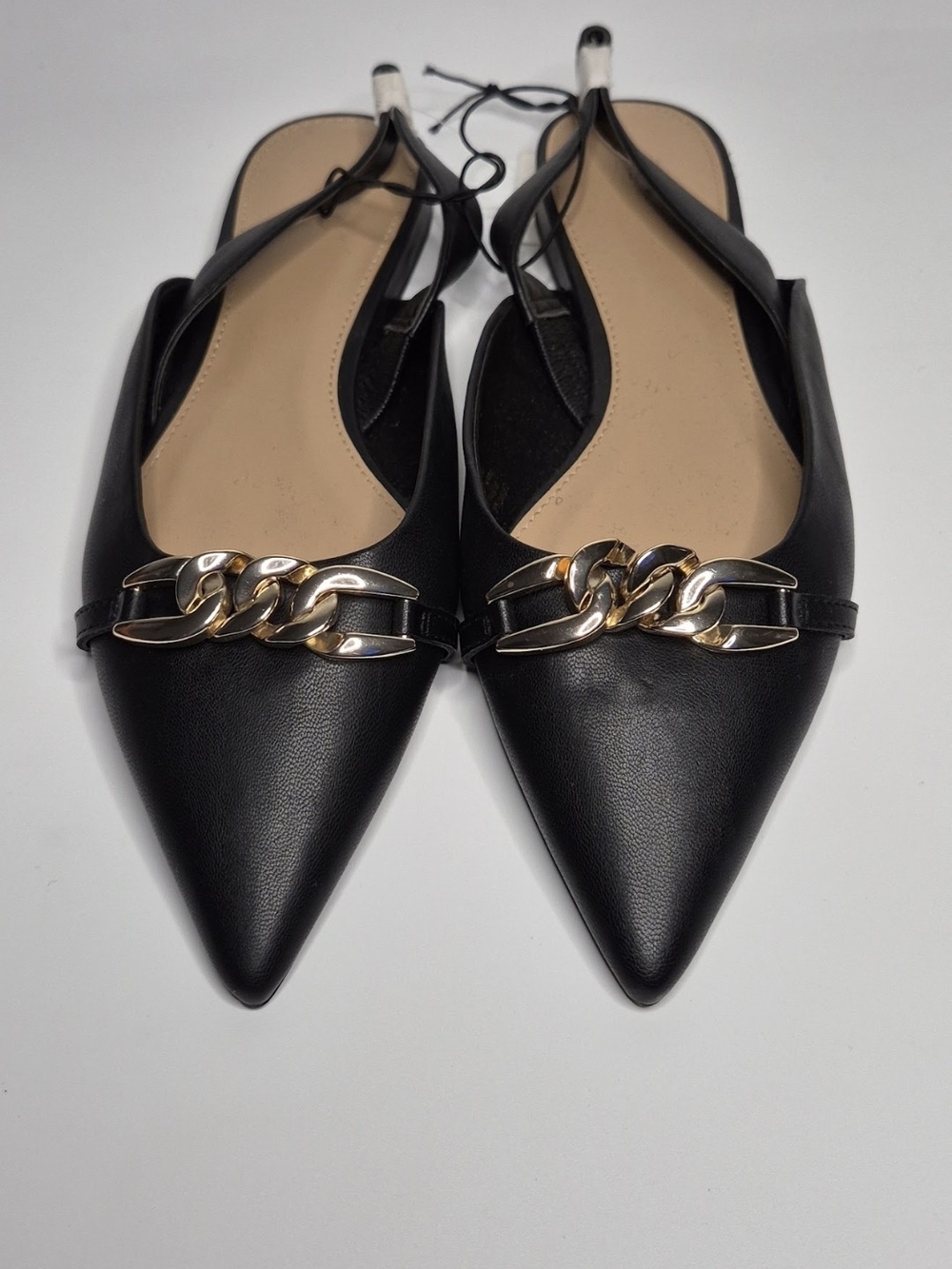Women's Black Pointed Toe Slingback Flats with Gold Chain Accent
